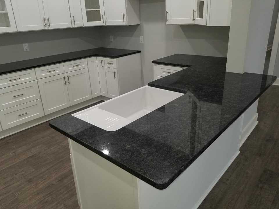 Steel Gray Granite Kitchen Countertops with White Shaker Cabinets