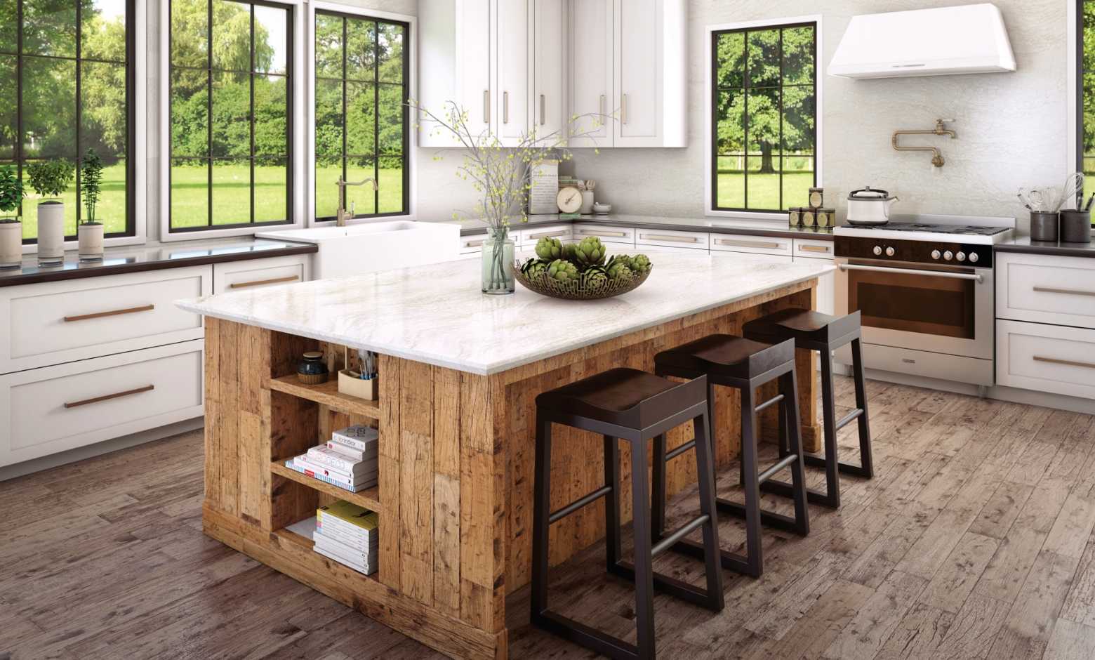 Ironsbridge Quartz Countertops with White Shaker Cabinets and Reclaimed Wood Flooring