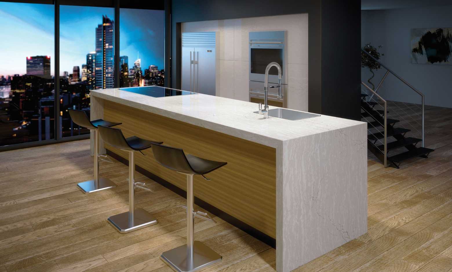 Delgatie Quartz Kitchen Island Countertop with Waterfall Edge