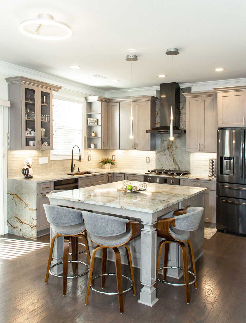 Blue Roma Quartzite Kitchen Countertops with Grey Shaker Cabinets