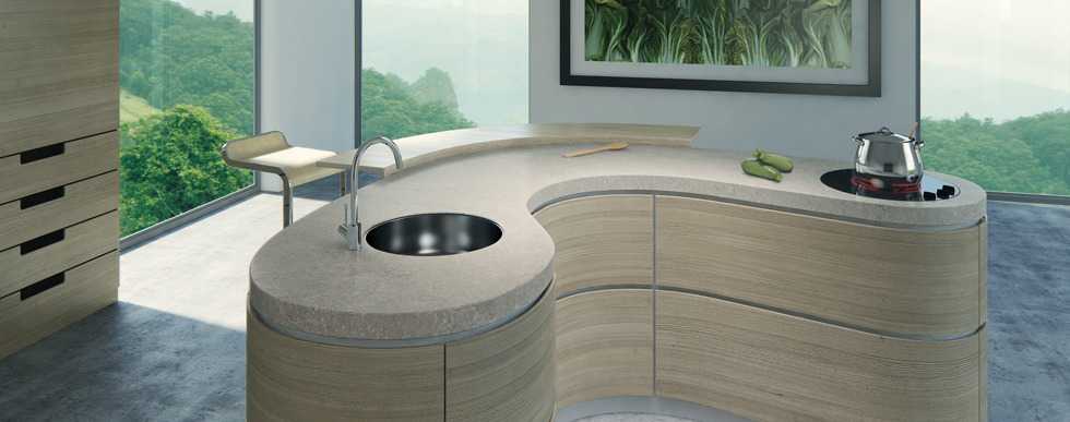 Bianco Drift Quartz Curved Kitchen Island