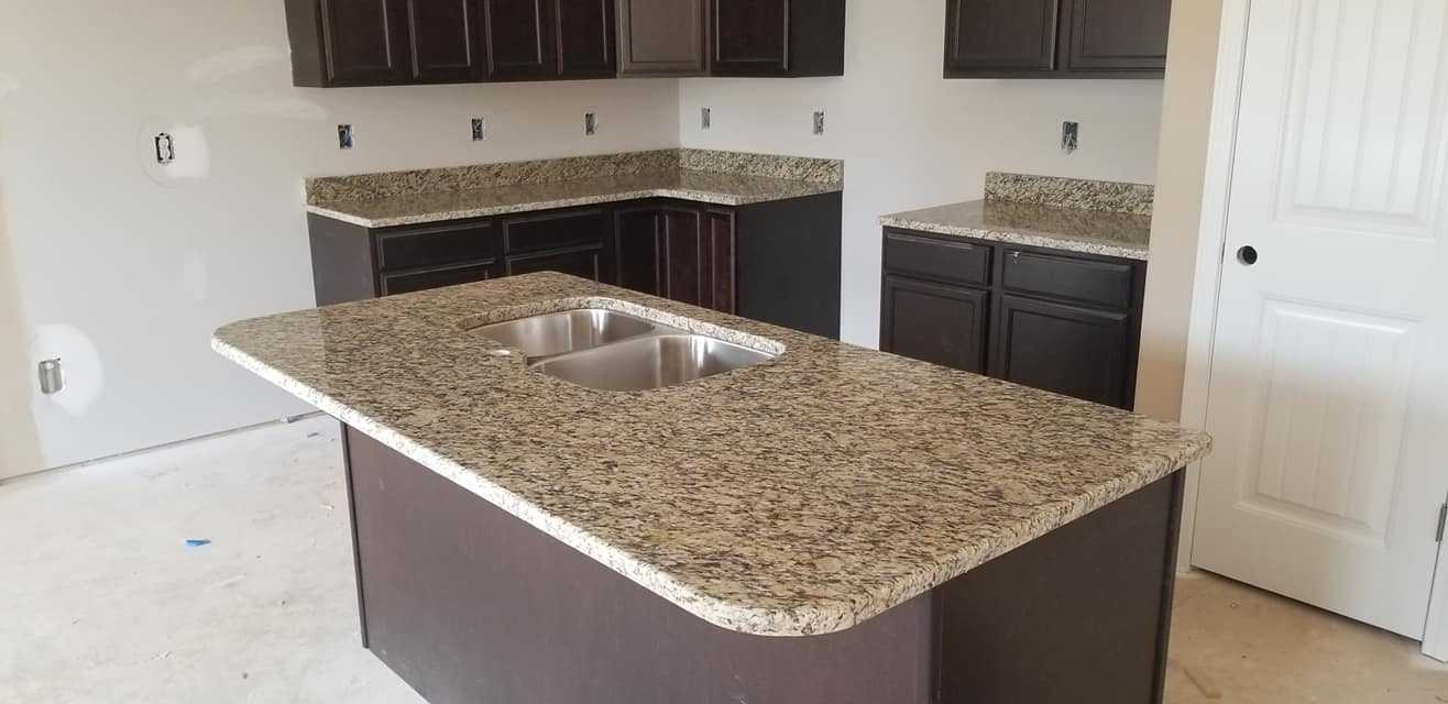 Santa Cecelia Granite Kitchen Countertops Saddle Brown Cabinetry